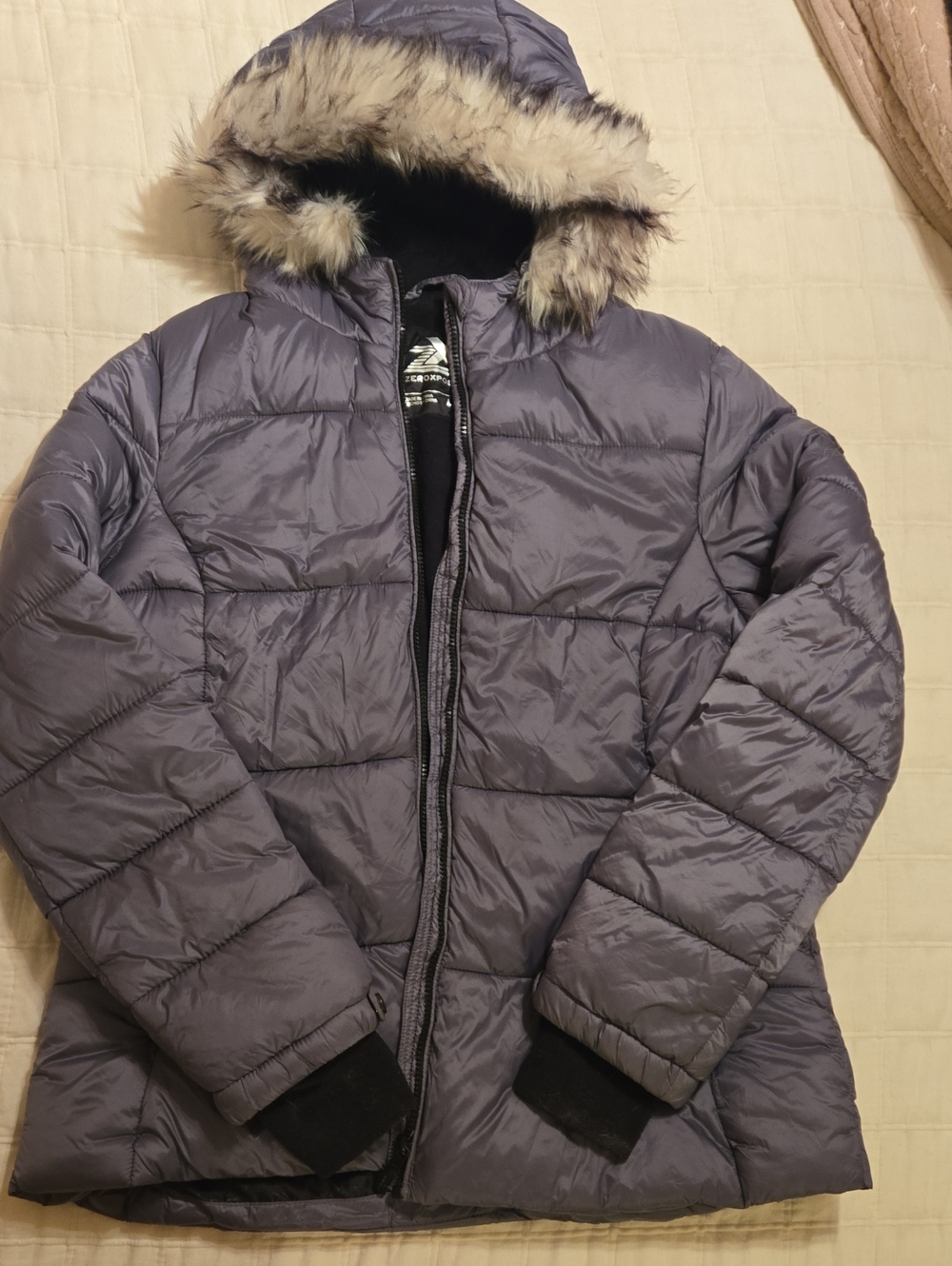ZeroXposur Women's Hooded Puffer Jacket with Faux Fur Trim in Slate Gray